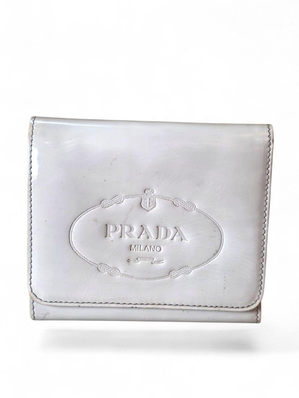 Prada White Patent Leather Trifold Wallet with Embossed Logo